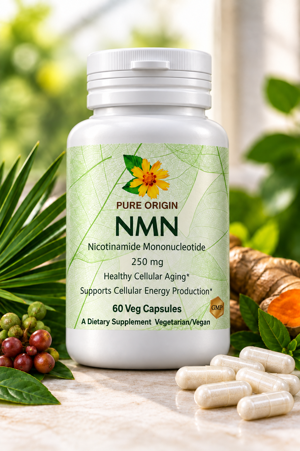 Pure Origin NMN 250 mg 瓶裝產品、白色素食膠囊與植物背景